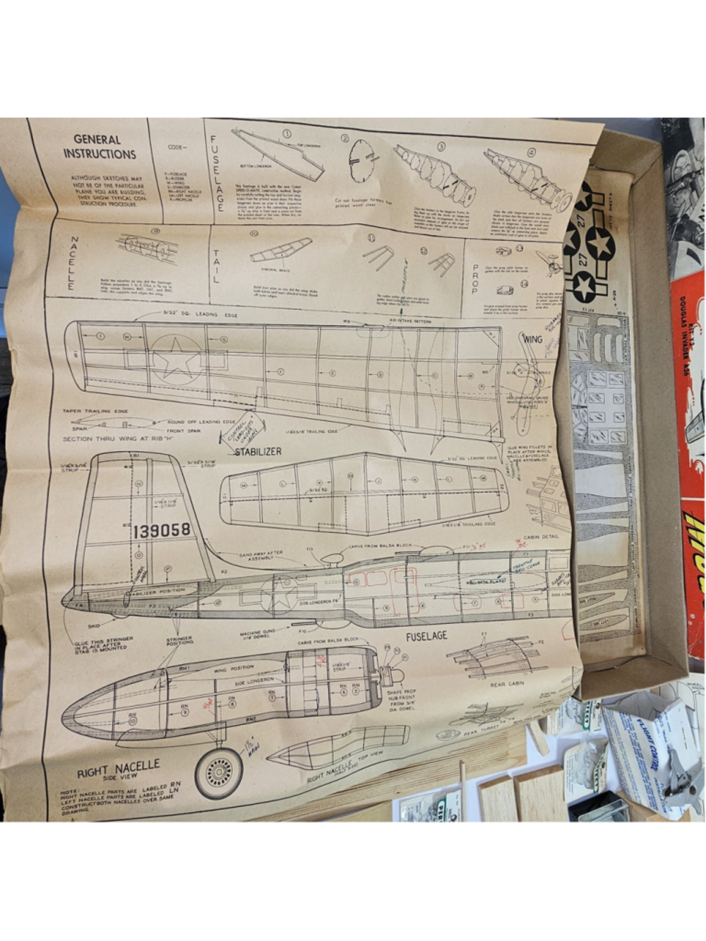 Vintage Comet Douglas Invader A-26 Flying Scale Balsa Model Kit Y2:129 Started - Picture 9 of 16